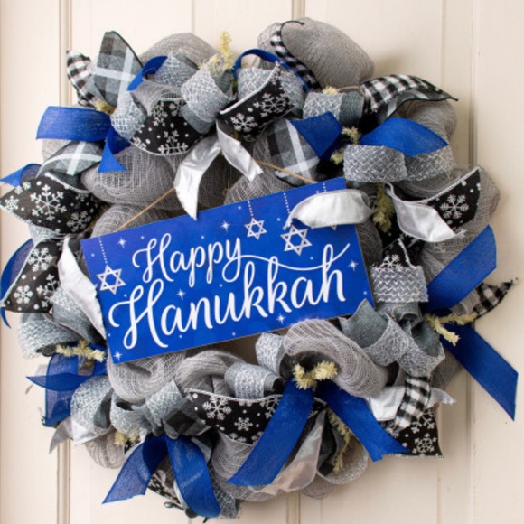 Happy Hanukkah Wooden Sign, 12.5" x 6", Royal Blue, White, Silver Grey, Chanukah - Picture 2 of 3